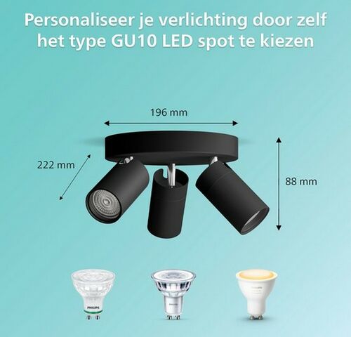Philips Idris Spot - Plafondspot - Spatwaterdicht IP44 - Zwart - 5W - Badkamerlamp - Drie lichtpunten - Ronde basisplaat - Alleen geschikt voor LED… – kavel bij Belga Veilingen, Br