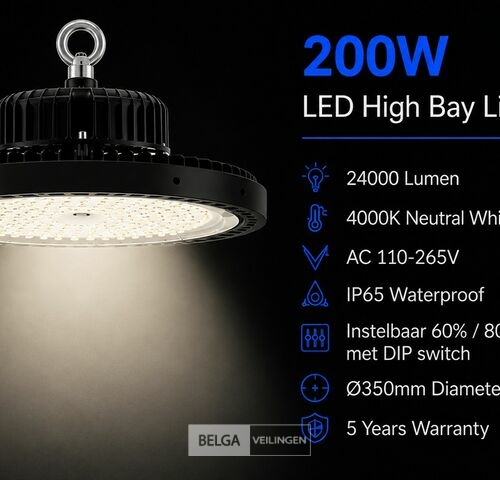 5 x LED Highbay UFO PRO 200W – Instelbaar 60% / 80% / 100% – 4000K – WEB-200 – kavel bij Belga Veilingen