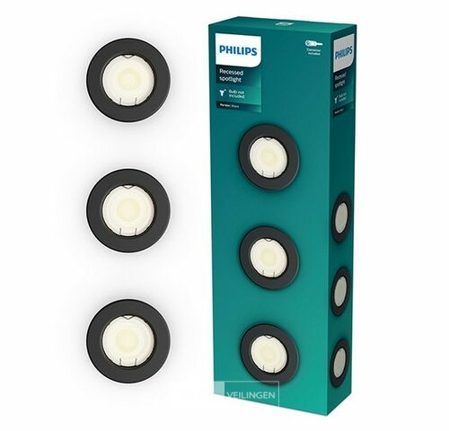 Philips Led inbouwspot - Rond - Zwart - Ø 68 mm - GU10 fitting - IP20 - 3 stuks – kavel bij Belga Veilingen, Bree