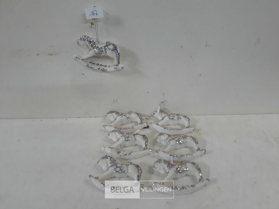 8 x Hangdeco schommelpaard wit zilver glitter 12 cm – foto 2 – kavel bij Belga Veilingen, Oudsbergen