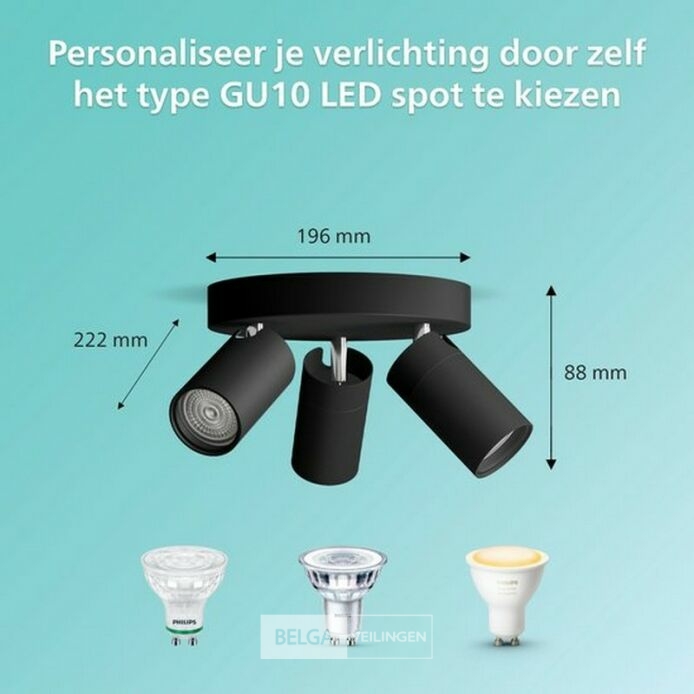 Philips Idris Spot - Plafondspot - Spatwaterdicht IP44 - Zwart - 5W - Badkamerlamp - Drie lichtpunten - Ronde basisplaat - Alleen geschikt voor LED… – foto 2 – kavel bij Belga Veil