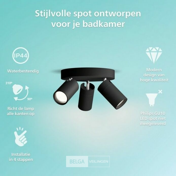 Philips Idris Spot - Plafondspot - Spatwaterdicht IP44 - Zwart - 5W - Badkamerlamp - Drie lichtpunten - Ronde basisplaat - Alleen geschikt voor LED… – foto 3 – kavel bij Belga Veil