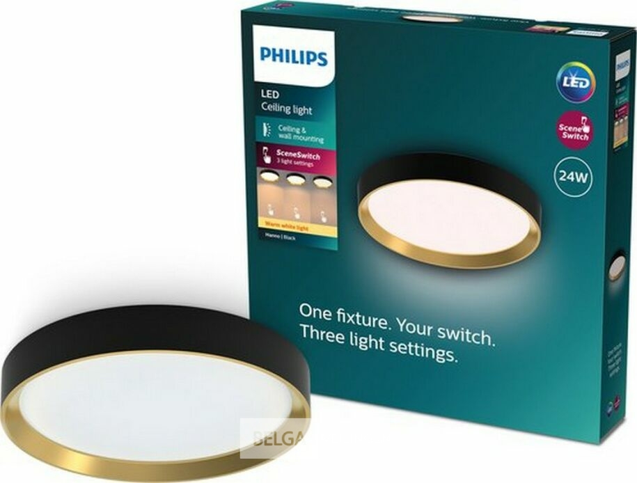 Philips Hanno plafondlamp - SceneSwitch lichttechnologie - 24W - Warmwit licht - Zwart met goud design – foto 2 – kavel bij Belga Veilingen, Bree