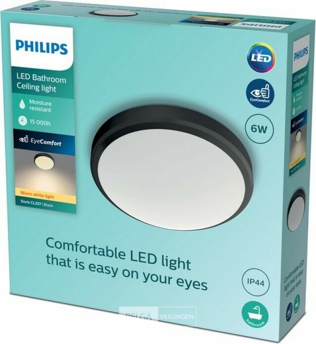 Philips Doris badkamer plafondlamp - zwart - klein - 6 W 600 lumen 2700k IP44 – foto 2 – kavel bij Belga Veilingen, Bree