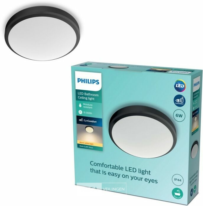Philips Doris badkamer plafondlamp - zwart - klein - 6 W 600 lumen 2700k IP44 – foto 4 – kavel bij Belga Veilingen, Bree