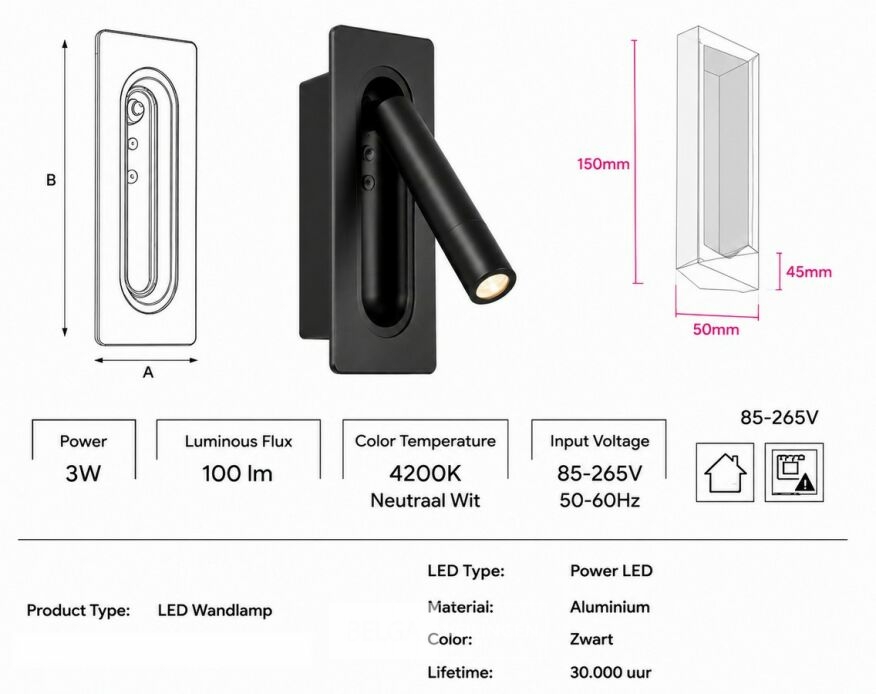 4 x LED Wandlamp 3W – 4200K Neutraal Wit - Zwart – IP20 – BELEK – foto 5 – kavel bij Belga Veilingen
