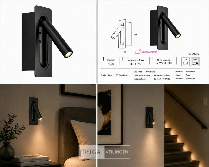 4 x LED Wandlamp 3W – 4200K Neutraal Wit - Zwart – IP20 – BELEK – foto 6 – kavel bij Belga Veilingen