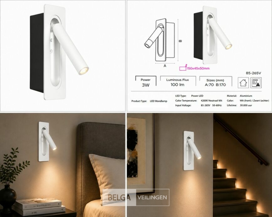 4 x LED Wandlamp 3W – 4200K Neutraal Wit - Wit – IP20 – BELEK – foto 6 – kavel bij Belga Veilingen