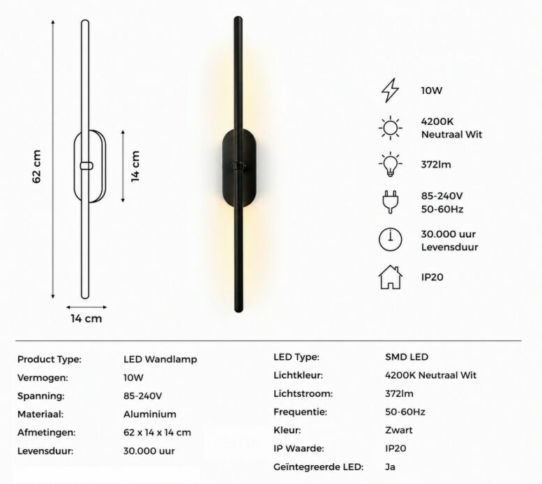 4 x LED Wandlamp 10W – 4200K Neutraal Wit - Zwart – IP20 – SALDA-10 – foto 5 – kavel bij Belga Veilingen