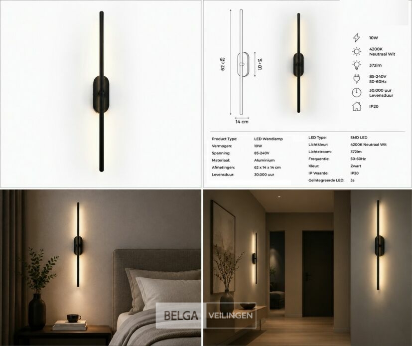 4 x LED Wandlamp 10W – 4200K Neutraal Wit - Zwart – IP20 – SALDA-10 – foto 6 – kavel bij Belga Veilingen