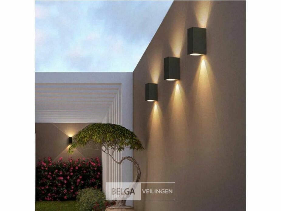 6 x Buiten Wandlamp – GU10 – Rechthoek – Dubbele Lichtuitgang – IP65 – Zwart – foto 3 – kavel bij Belga Veilingen