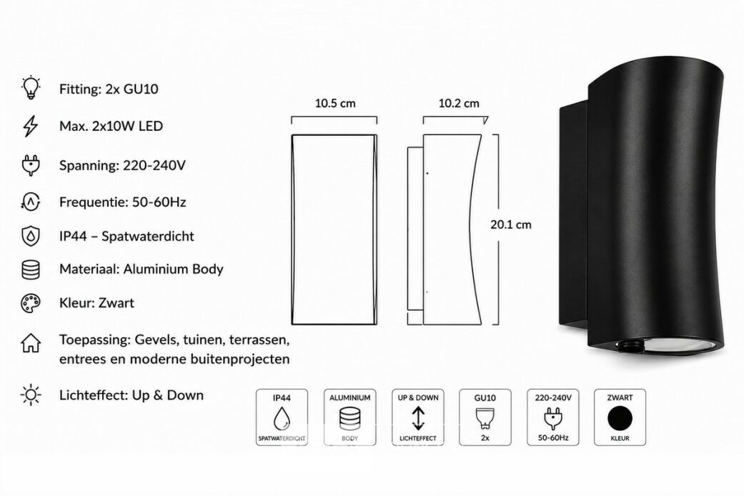4 x Buiten Wandlamp Up & Down – GU10 – Zwart – IP44 – SAFARI – foto 5 – kavel bij Belga Veilingen