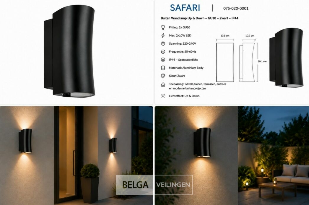 4 x Buiten Wandlamp Up & Down – GU10 – Zwart – IP44 – SAFARI – foto 6 – kavel bij Belga Veilingen