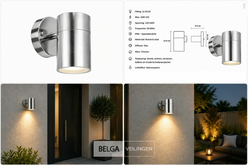 4 x Buiten Wandlamp GU10 – Mat Chroom – IP44 – MANOLYA-1 – foto 6 – kavel bij Belga Veilingen