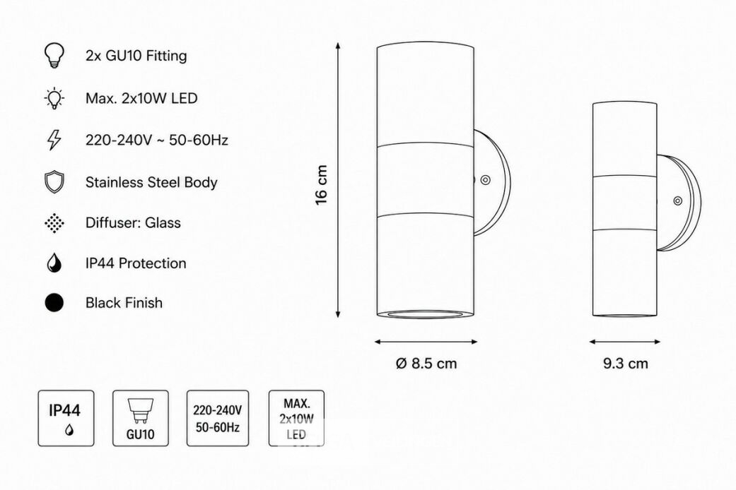 4 x Buiten Wandlamp Up & Down – 2xGU10 – Zwart – IP44 – MANOLYA-2 – foto 5 – kavel bij Belga Veilingen