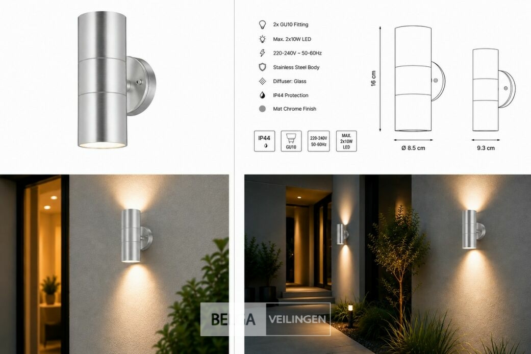 4 x Buiten Wandlamp Up & Down – 2xGU10 – Mat Chroom – IP44 – MANOLYA-2 – foto 6 – kavel bij Belga Veilingen