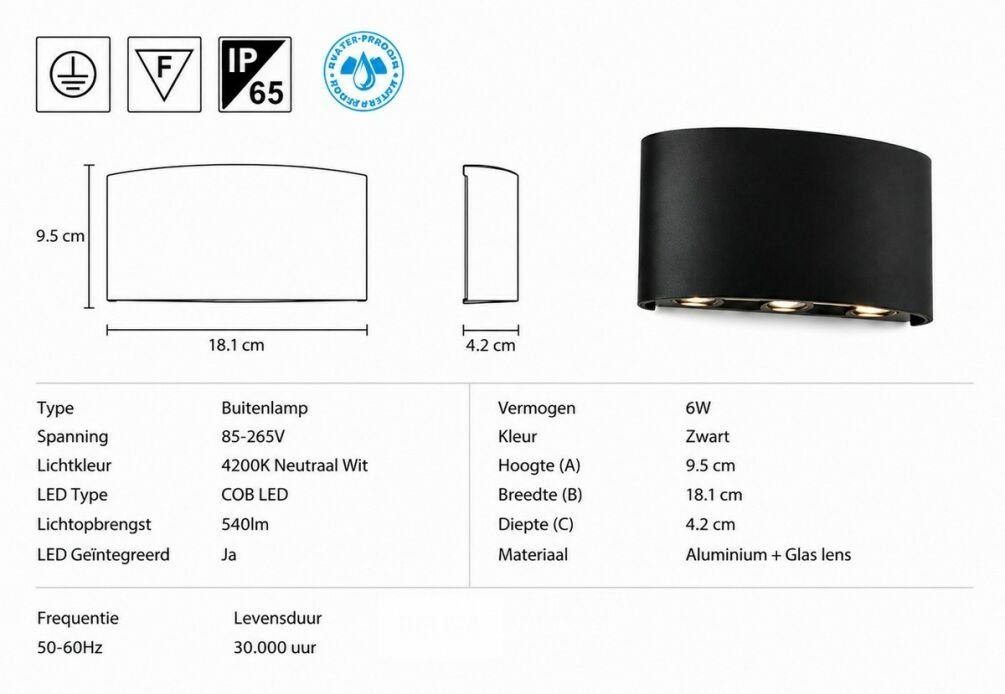 6 x LED Buiten Wandlamp – 6W – 4200K Neutraal Wit - Zwart – IP65 – PROTON-6 – foto 5 – kavel bij Belga Veilingen