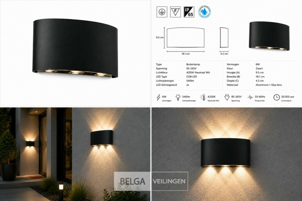 6 x LED Buiten Wandlamp – 6W – 4200K Neutraal Wit - Zwart – IP65 – PROTON-6 – foto 6 – kavel bij Belga Veilingen