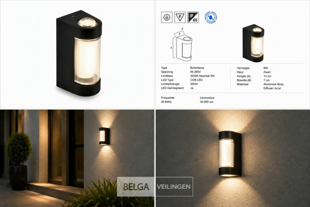 4 x LED Buiten Wandlamp – 6W – 4200K Neutraal Wit - Zwart – IP65 – VECTOR-6 – foto 6 – kavel bij Belga Veilingen