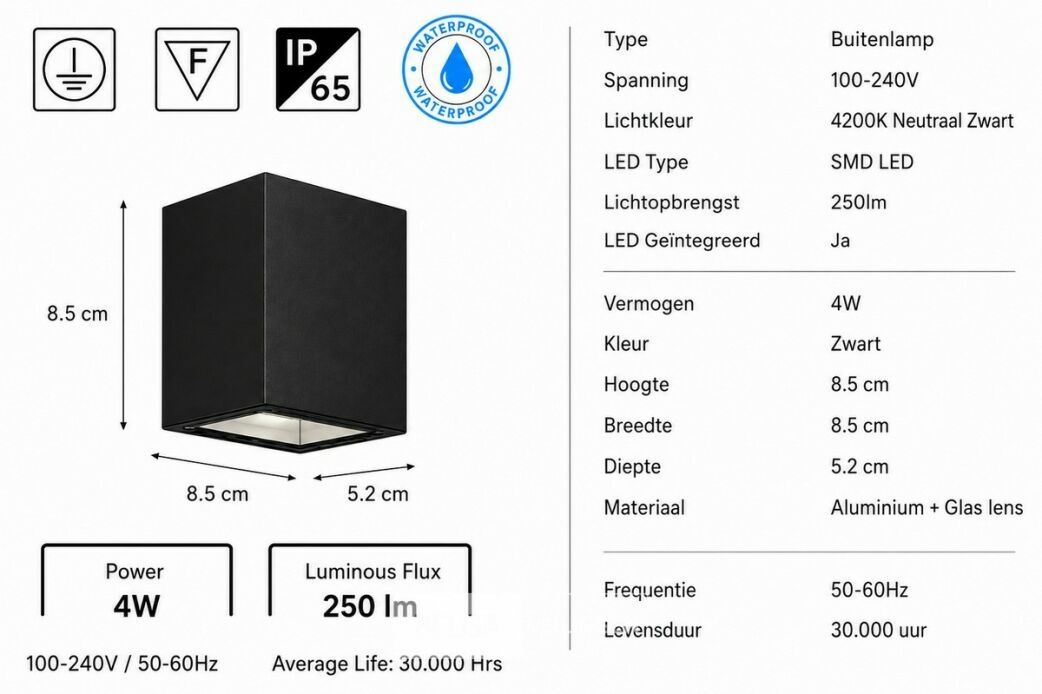 6 x LED Buiten Wandlamp – 4W – 4200K Neutraal Wit - Zwart – IP65 – SEKOYA – foto 5 – kavel bij Belga Veilingen