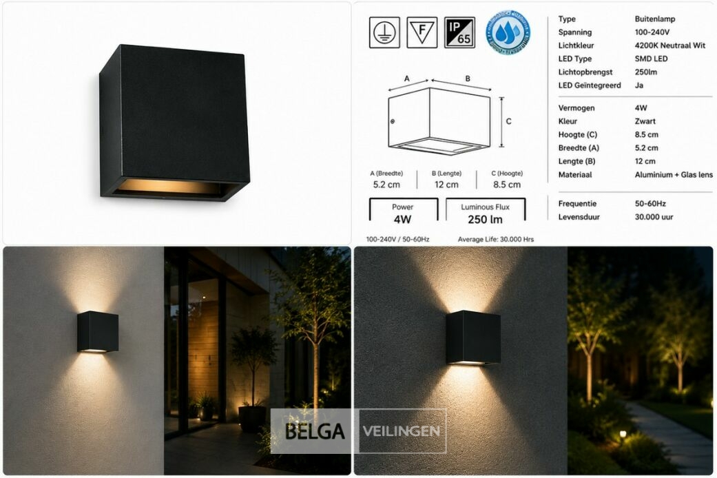 6 x LED Buiten Wandlamp – 4W – 4200K Neutraal Wit - Zwart – IP65 – SEKOYA – foto 6 – kavel bij Belga Veilingen