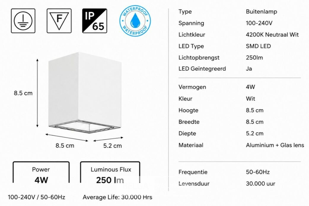 6 x LED Buiten Wandlamp – 4W – 4200K Neutraal Wit - Wit – IP65 – SEKOYA – foto 5 – kavel bij Belga Veilingen