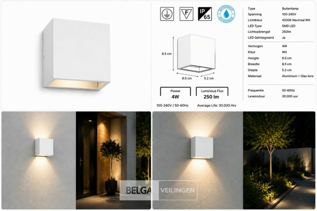 6 x LED Buiten Wandlamp – 4W – 4200K Neutraal Wit - Wit – IP65 – SEKOYA – foto 6 – kavel bij Belga Veilingen