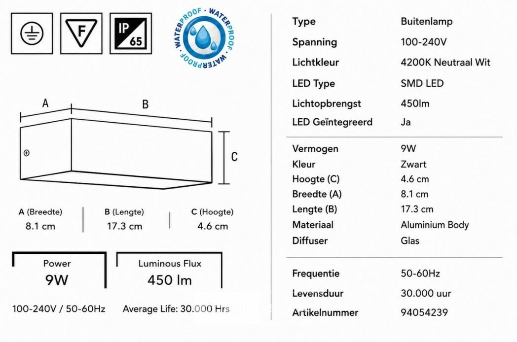 6 x LED Buiten Wandlamp – 9W – 4200K Neutraal Wit - Zwart – IP65 – ANDIZ – foto 5 – kavel bij Belga Veilingen