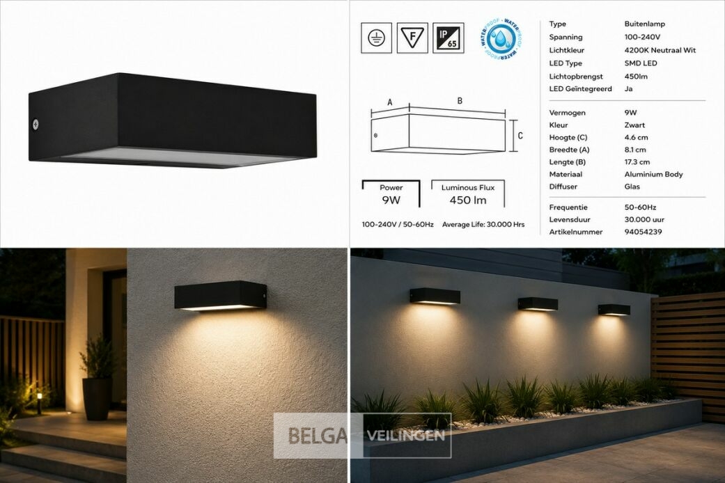 6 x LED Buiten Wandlamp – 9W – 4200K Neutraal Wit - Zwart – IP65 – ANDIZ – foto 6 – kavel bij Belga Veilingen
