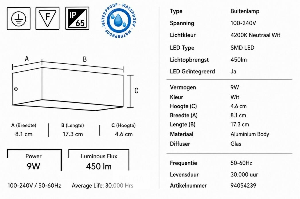 6 x LED Buiten Wandlamp – 9W – 4200K Neutraal Wit - Wit – IP65 – ANDIZ – foto 5 – kavel bij Belga Veilingen