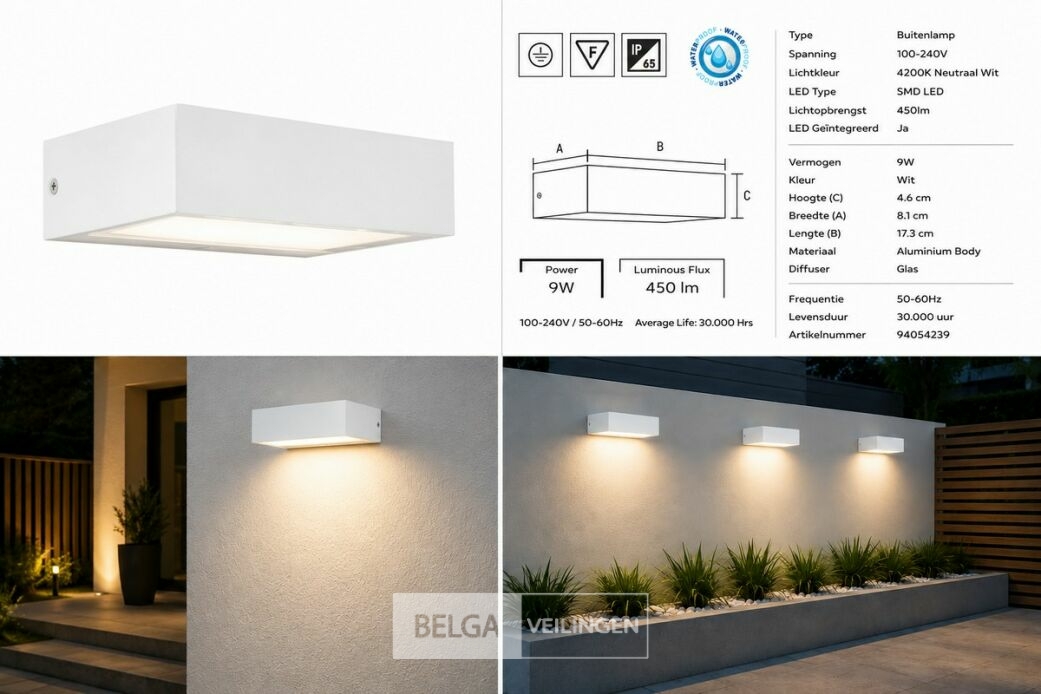 6 x LED Buiten Wandlamp – 9W – 4200K Neutraal Wit - Wit – IP65 – ANDIZ – foto 6 – kavel bij Belga Veilingen