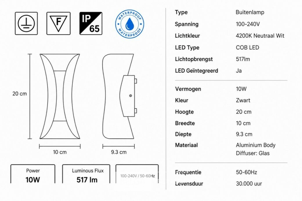 4 x LED Buiten Wandlamp – 10W – 4200K Neutraal Wit - Zwart – IP65 – MARVEL-10 – foto 5 – kavel bij Belga Veilingen