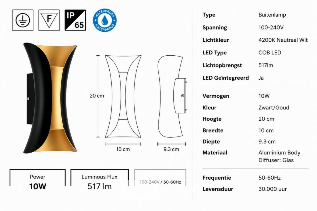 4 x LED Buiten Wandlamp – 10W – 4200K Neutraal Wit - Zwart/Goud – IP65 – MARVEL-10 – foto 6 – kavel bij Belga Veilingen