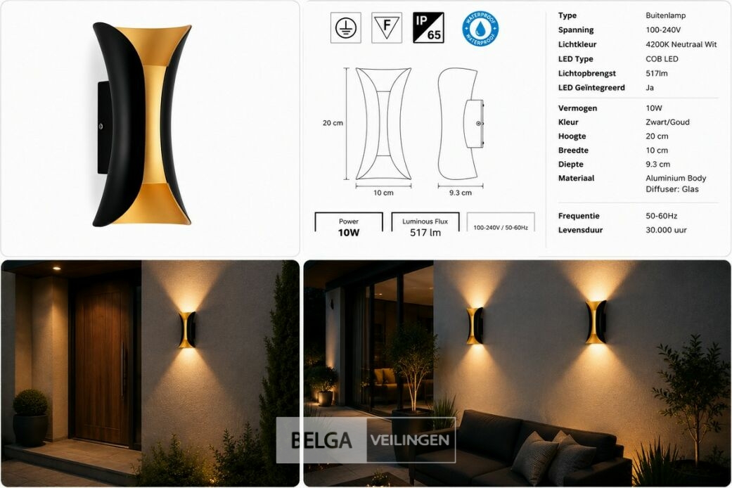 4 x LED Buiten Wandlamp – 10W – 4200K Neutraal Wit - Zwart/Goud – IP65 – MARVEL-10 – foto 7 – kavel bij Belga Veilingen