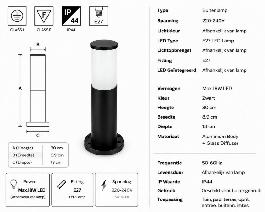 4 x Buitenlamp Tuinpaal – E27 – Zwart – IP44 – 300mm – KAVAK-3 – foto 5 – kavel bij Belga Veilingen