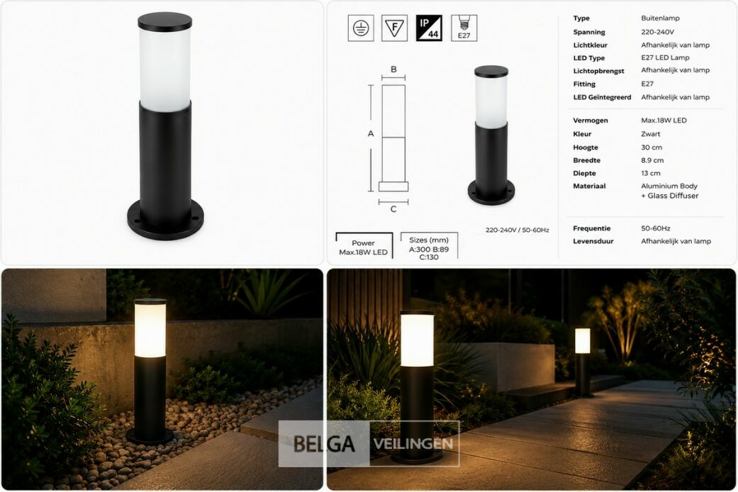4 x Buitenlamp Tuinpaal – E27 – Zwart – IP44 – 300mm – KAVAK-3 – foto 6 – kavel bij Belga Veilingen