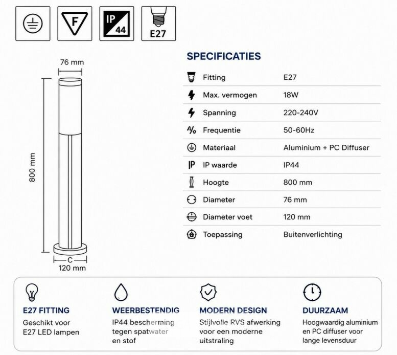 4 x LED Tuinlamp – E27 – IP44 – Zwart – 80cm – Buitenverlichting – KAVAK-5 – foto 5 – kavel bij Belga Veilingen