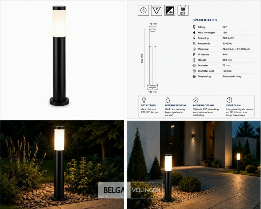 4 x LED Tuinlamp – E27 – IP44 – Zwart – 80cm – Buitenverlichting – KAVAK-5 – foto 6 – kavel bij Belga Veilingen
