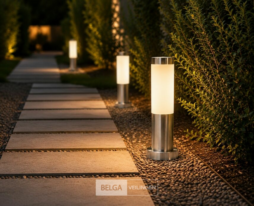 4 x Buitenlamp Tuinpaal – E27 – Chroom – IP44 – 325mm – DEFNE-3 – foto 2 – kavel bij Belga Veilingen