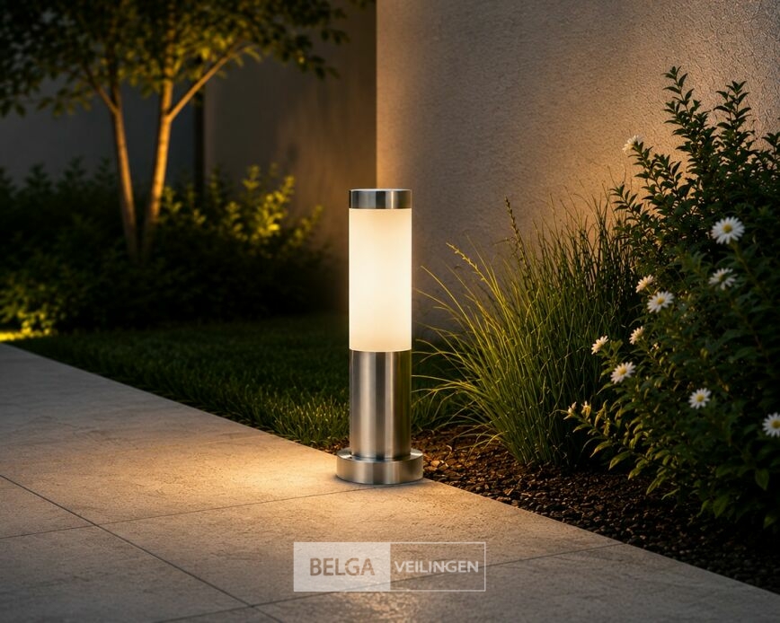 4 x Buitenlamp Tuinpaal – E27 – Chroom – IP44 – 325mm – DEFNE-3 – foto 4 – kavel bij Belga Veilingen