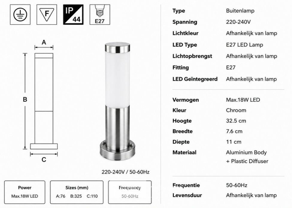 4 x Buitenlamp Tuinpaal – E27 – Chroom – IP44 – 325mm – DEFNE-3 – foto 5 – kavel bij Belga Veilingen