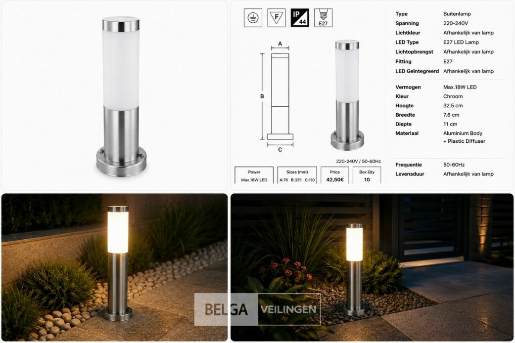 4 x Buitenlamp Tuinpaal – E27 – Chroom – IP44 – 325mm – DEFNE-3 – foto 6 – kavel bij Belga Veilingen