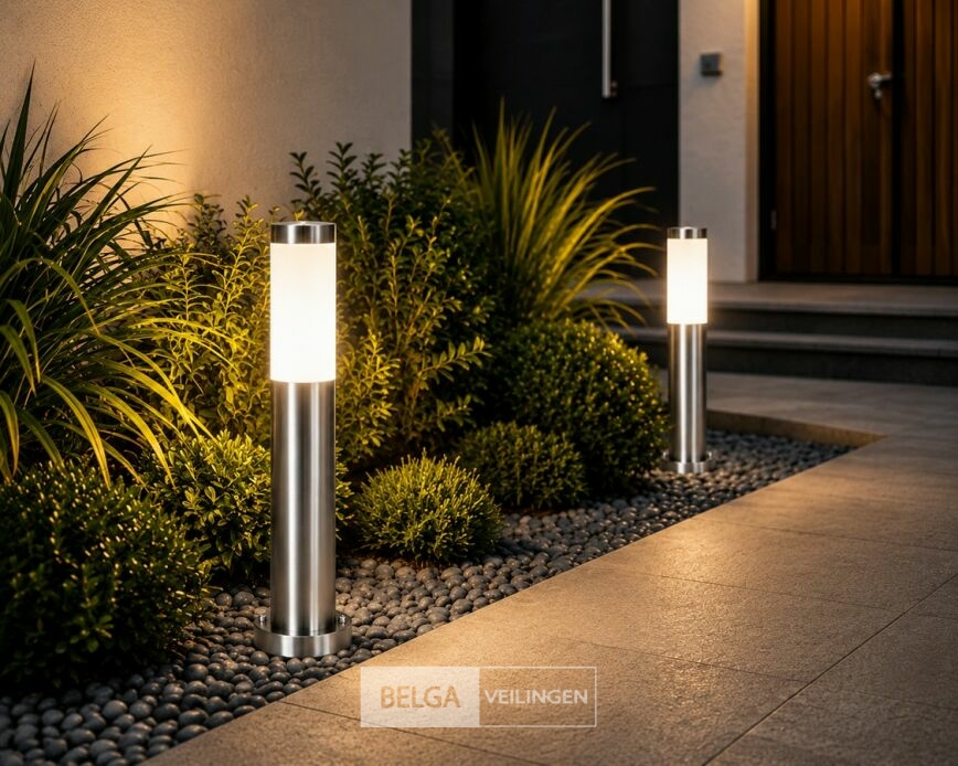 4 x Buitenlamp Tuinpaal – E27 – Chroom – IP44 – 500mm – DEFNE-4 – foto 2 – kavel bij Belga Veilingen
