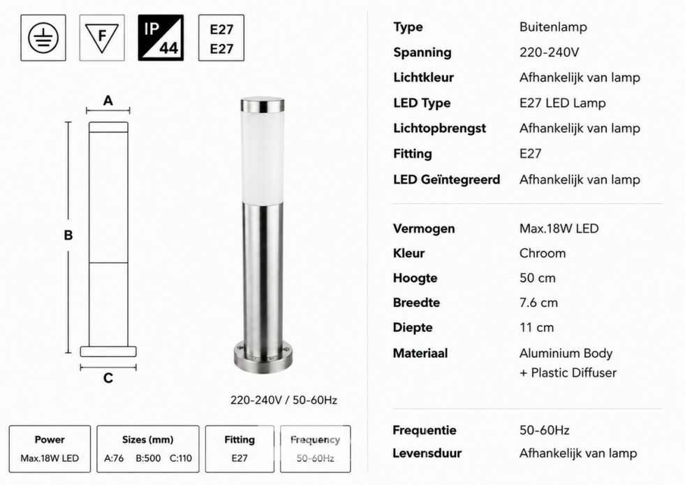 4 x Buitenlamp Tuinpaal – E27 – Chroom – IP44 – 500mm – DEFNE-4 – foto 5 – kavel bij Belga Veilingen