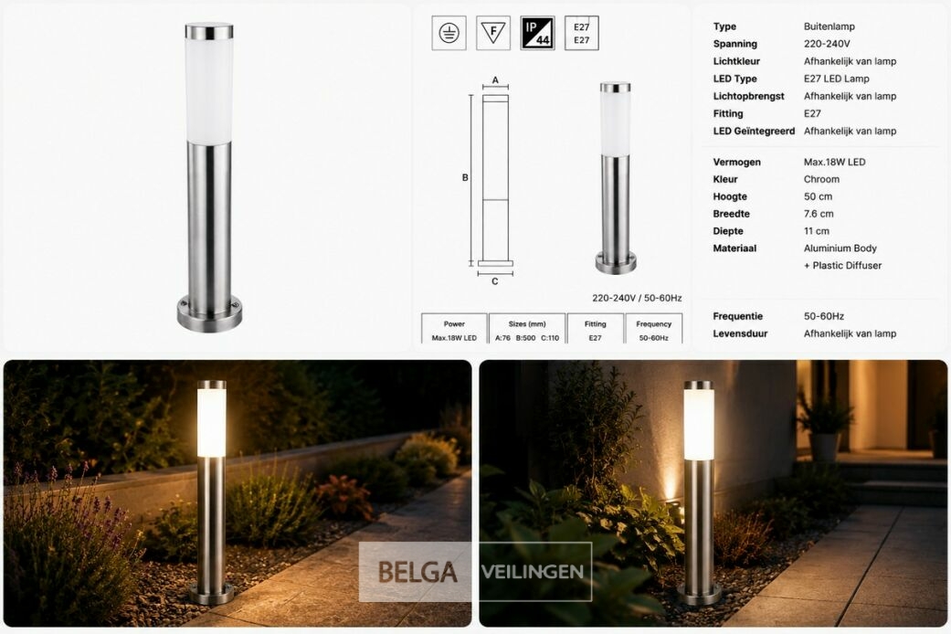 4 x Buitenlamp Tuinpaal – E27 – Chroom – IP44 – 500mm – DEFNE-4 – foto 6 – kavel bij Belga Veilingen