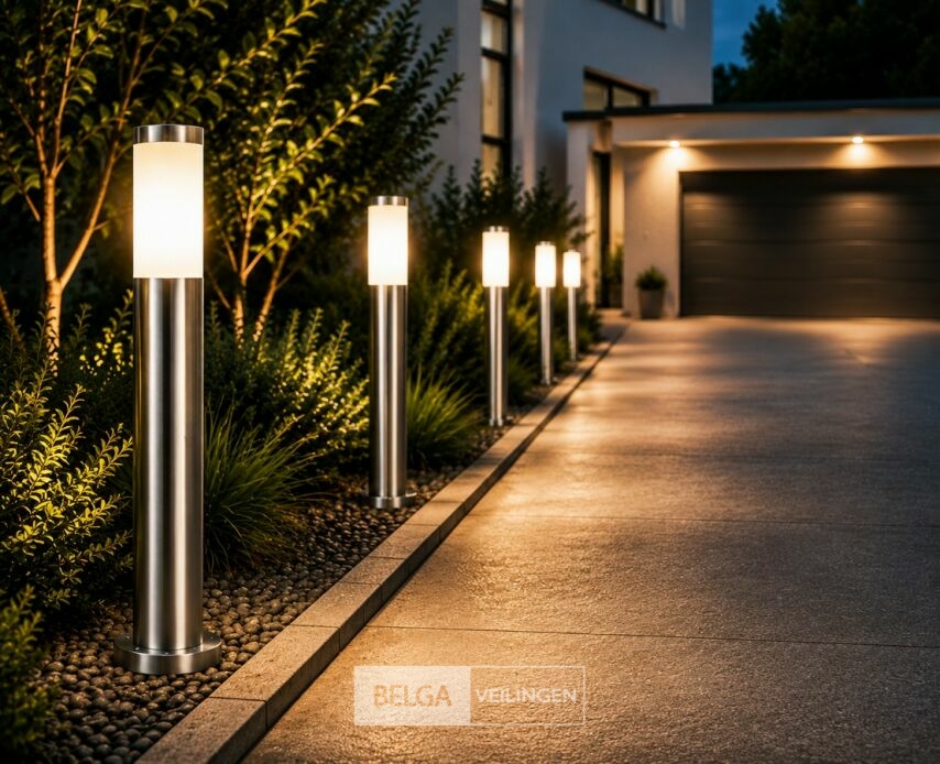 4 x Buitenlamp Tuinpaal – E27 – Chroom – IP44 – 800mm – DEFNE-5 – foto 2 – kavel bij Belga Veilingen