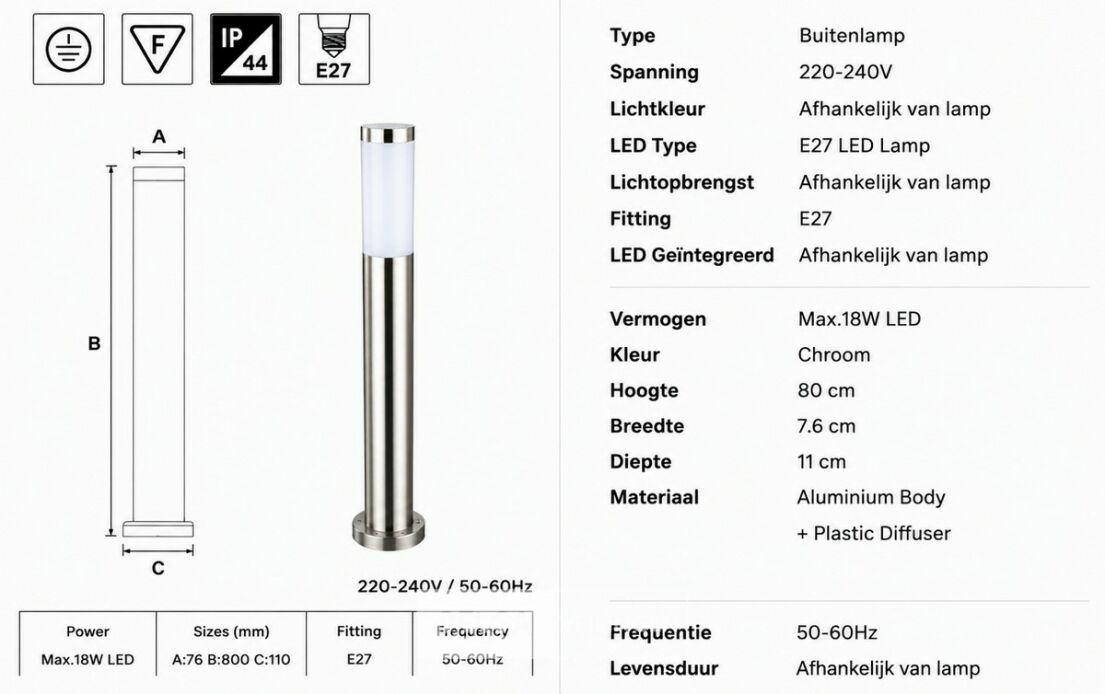 4 x Buitenlamp Tuinpaal – E27 – Chroom – IP44 – 800mm – DEFNE-5 – foto 6 – kavel bij Belga Veilingen