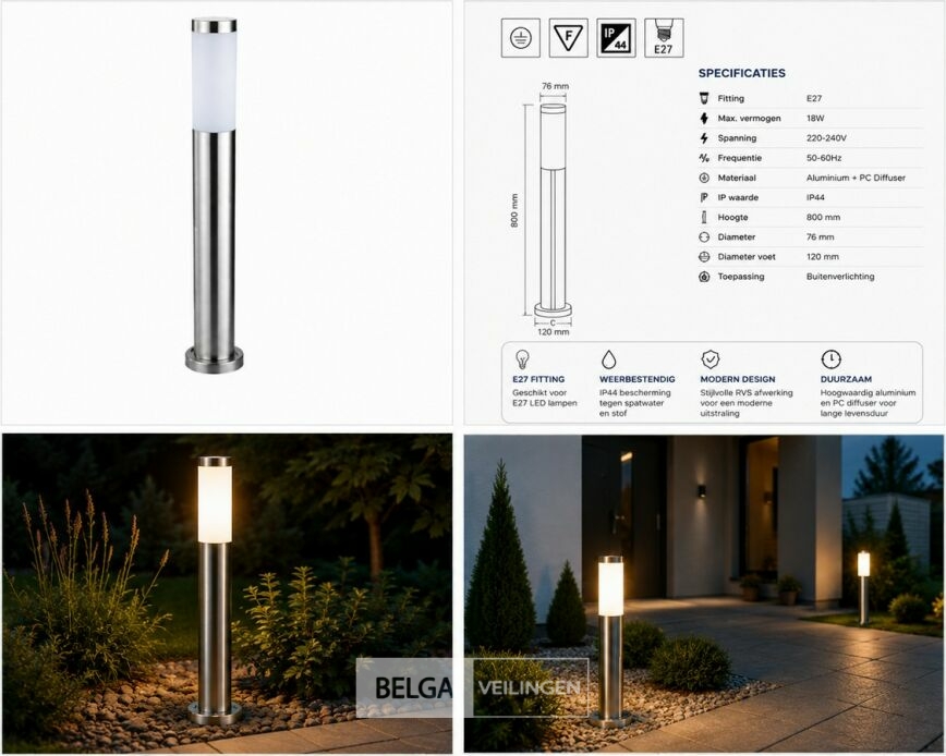 4 x Buitenlamp Tuinpaal – E27 – Chroom – IP44 – 800mm – DEFNE-5 – foto 7 – kavel bij Belga Veilingen