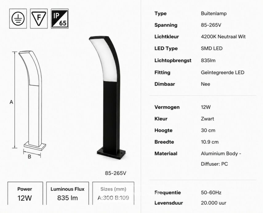 4 x LED Buiten Sokkel Lamp – 12W – 4200K Neutraal Wit - Zwart – IP65 – PRESTIGE-2 – foto 5 – kavel bij Belga Veilingen