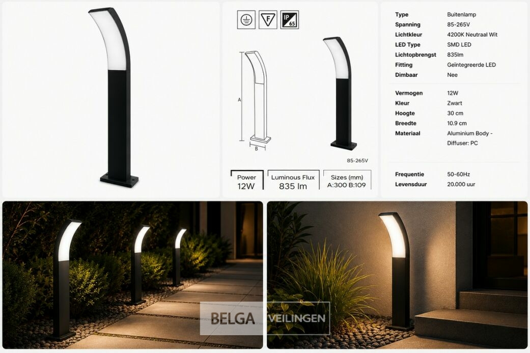 4 x LED Buiten Sokkel Lamp – 12W – 4200K Neutraal Wit - Zwart – IP65 – PRESTIGE-2 – foto 6 – kavel bij Belga Veilingen